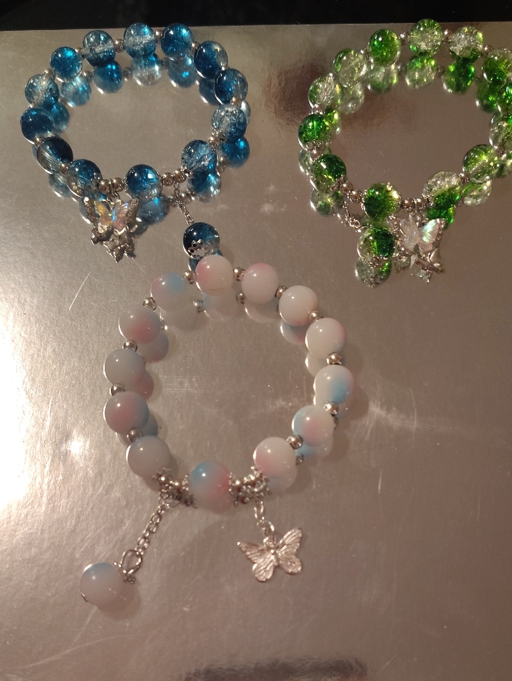 3 Piece Pastel Opal Beaded Bracelet with Butterfly Charm